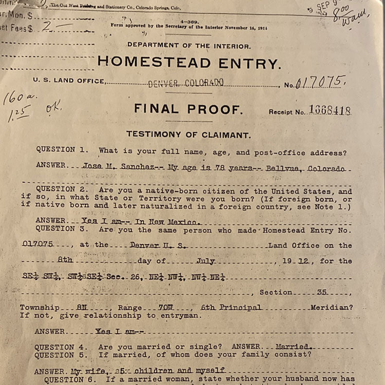 parchment paper with typed Homestead Entry Denver Colorado from July 1912.