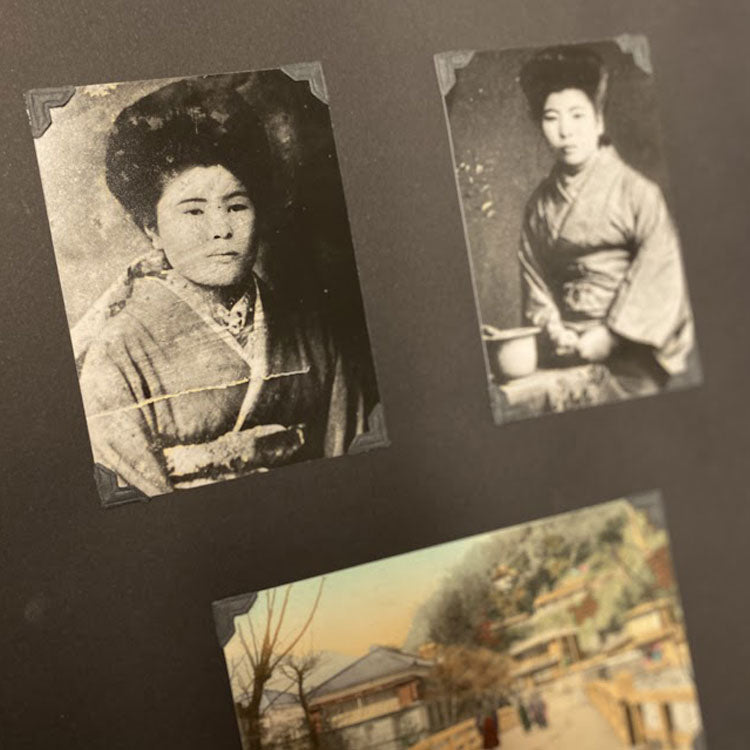 Photos of women in traditional Japanese dress in photo album.