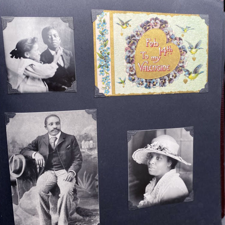 Photo album with lold pictures a two shildren a mad posing with his hat and a woman wearing a large straw hat.