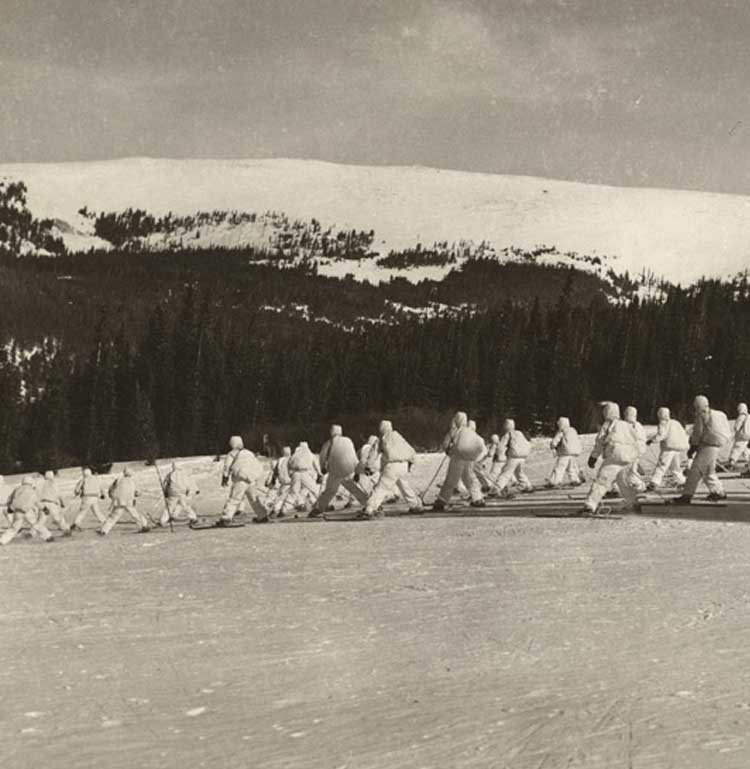 Black and white photograph of several soldiers wearing all-white uniforms and skis. Their backs are to the camera, and they are moving toward a stand of evergreen trees.