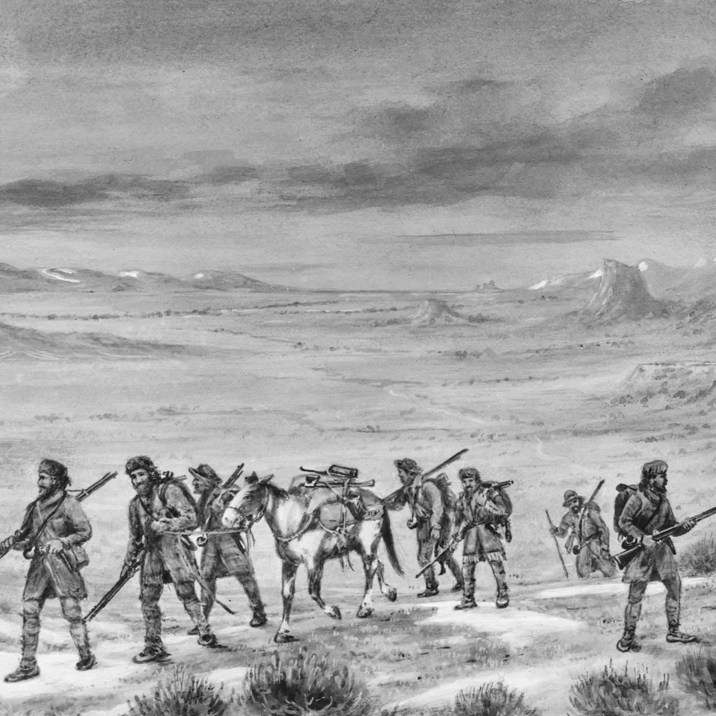 Drawing of a group of men dressed in furs and carrying rifles. 